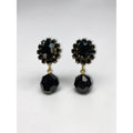 West Germany Black Faceted Crystal Dangle Clip Earrings Gold Tone 1960s Vintage