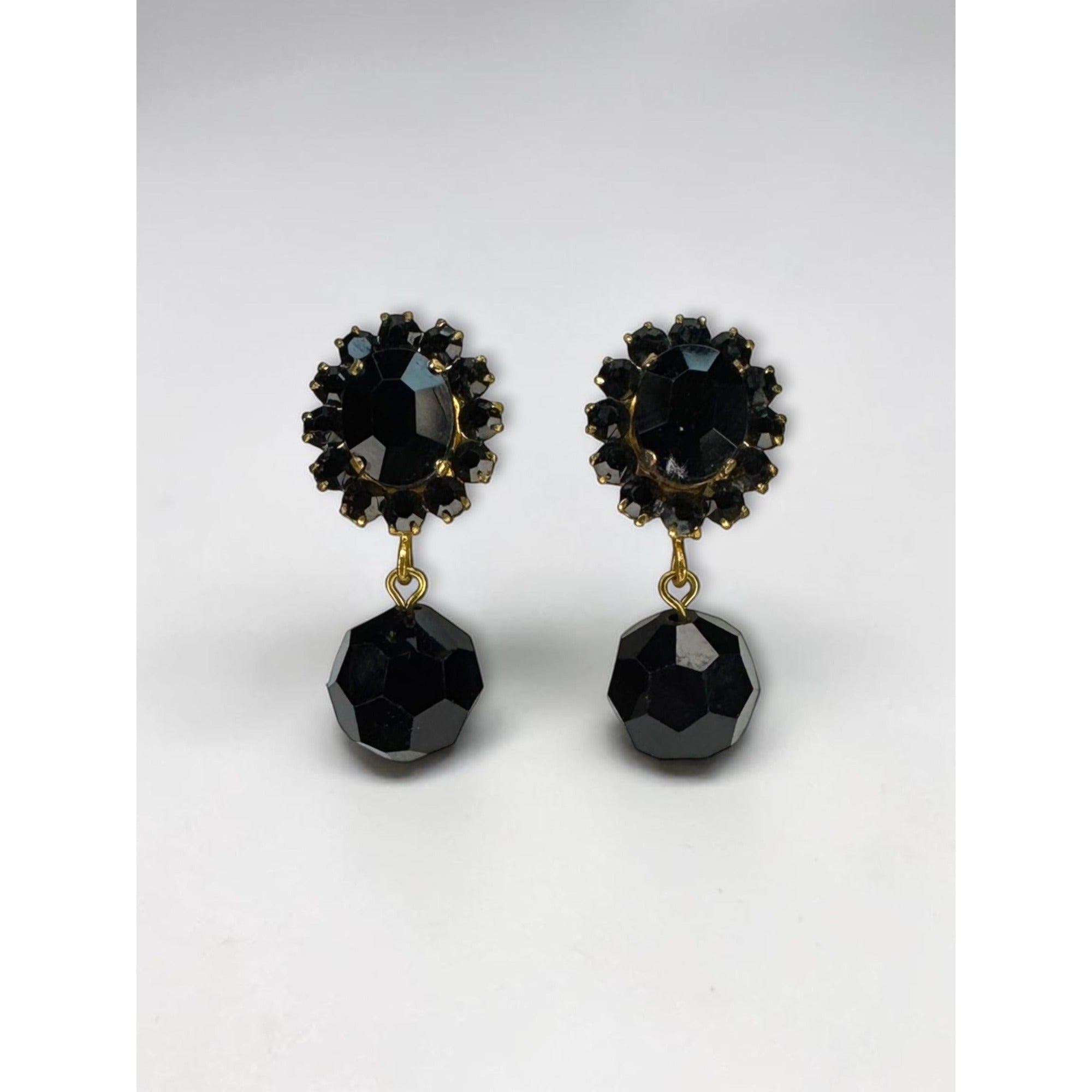 West Germany Black Faceted Crystal Dangle Clip Earrings Gold Tone 1960s Vintage