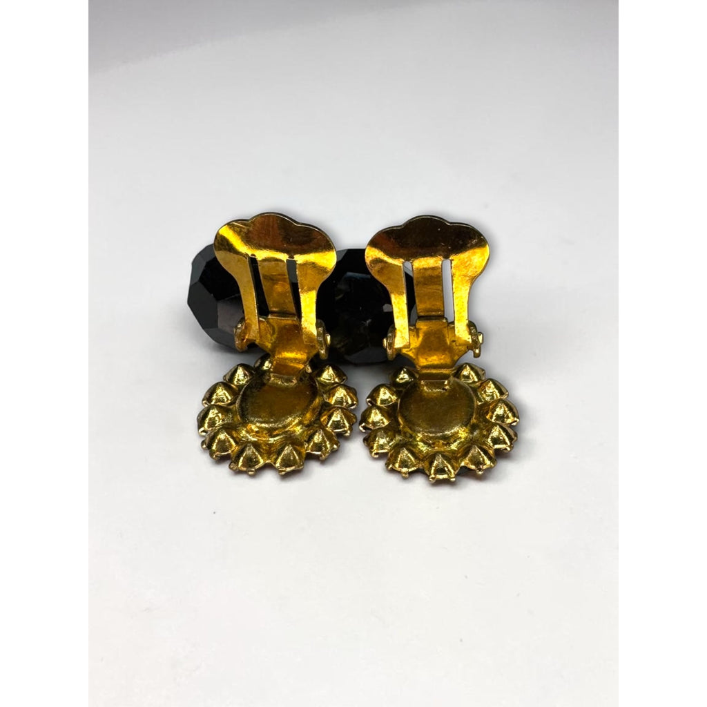 West Germany Black Faceted Crystal Dangle Clip Earrings Gold Tone 1960s Vintage