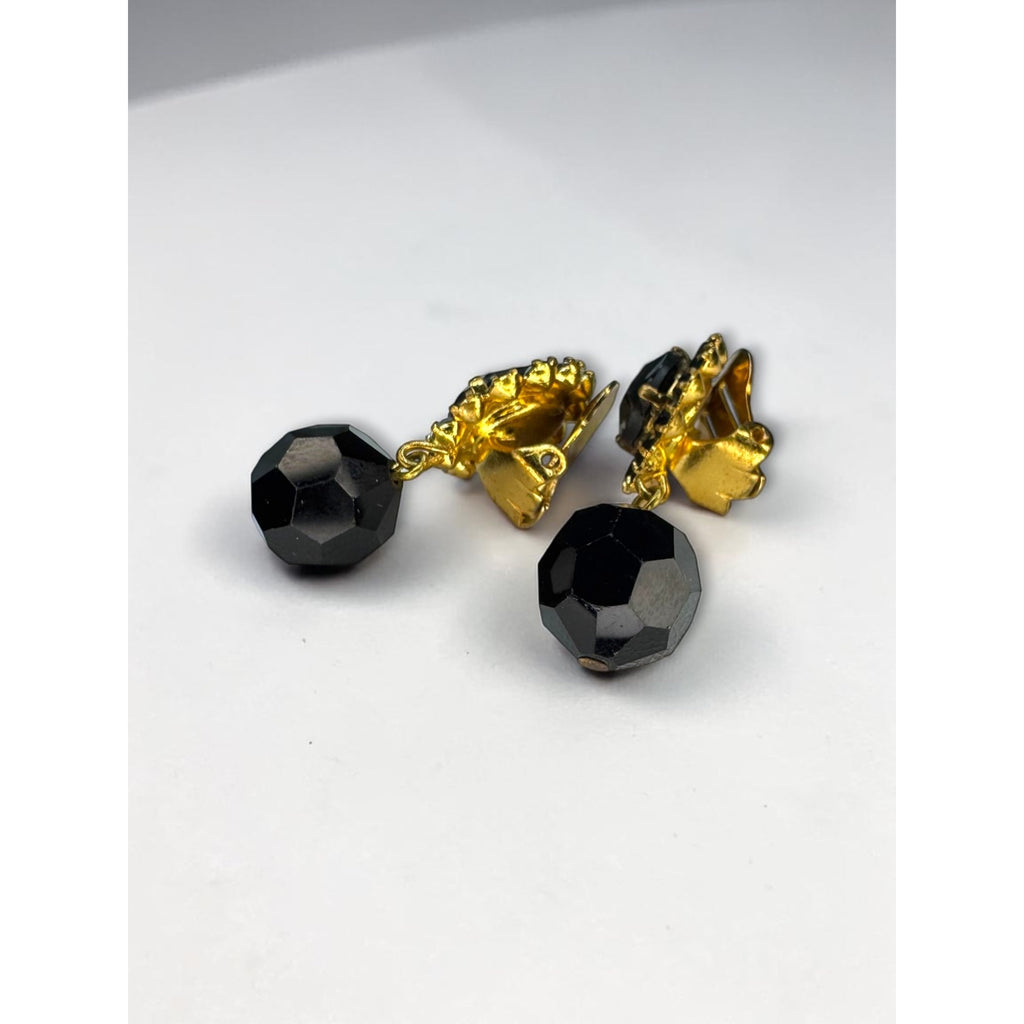 West Germany Black Faceted Crystal Dangle Clip Earrings Gold Tone 1960s Vintage