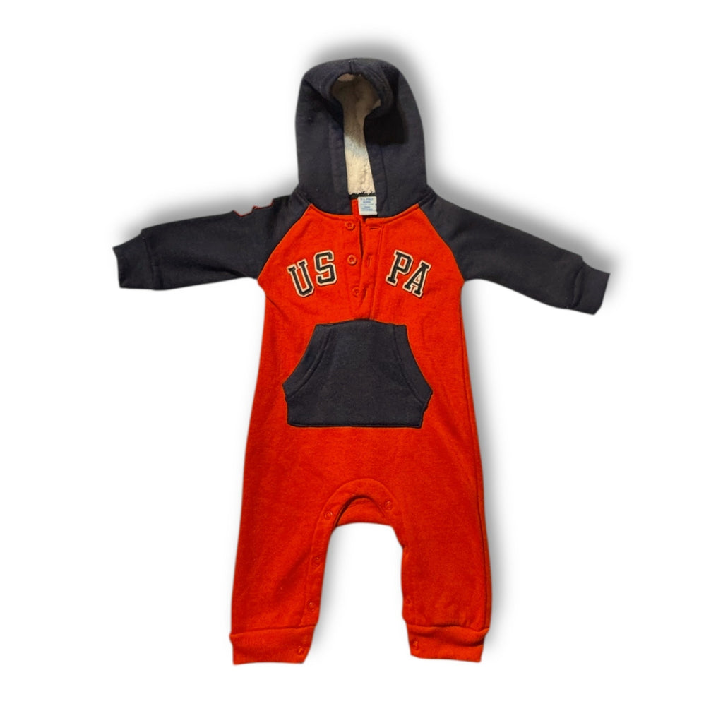 US Polo Assn 12M Hooded Fleece Romper Red Navy Sherpa Lined One Piece