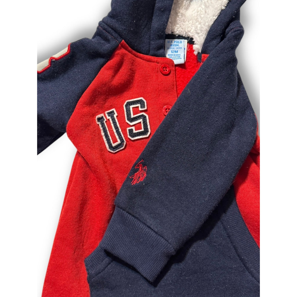 US Polo Assn 12M Hooded Fleece Romper Red Navy Sherpa Lined One Piece