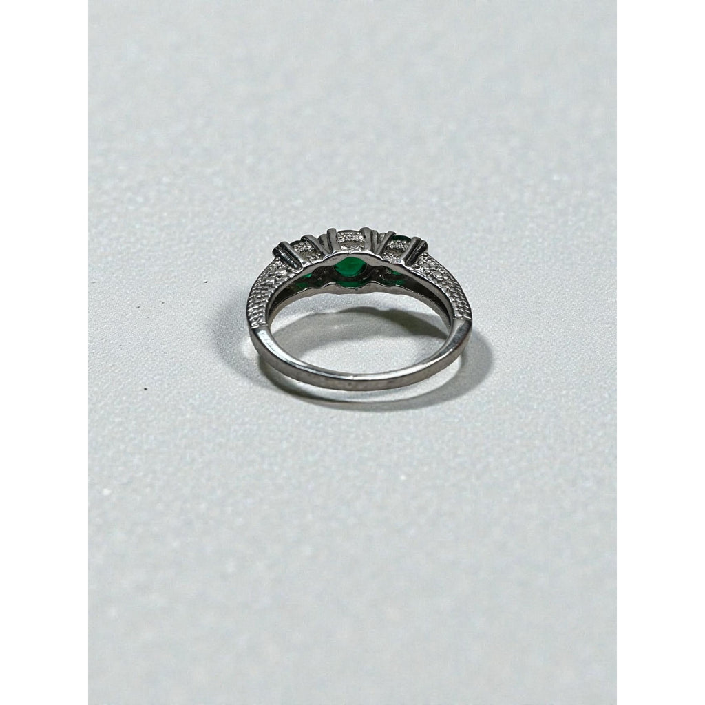 Triple Green Crystal Ring Silver Tone Three Stone Statement Ring Size 7.5