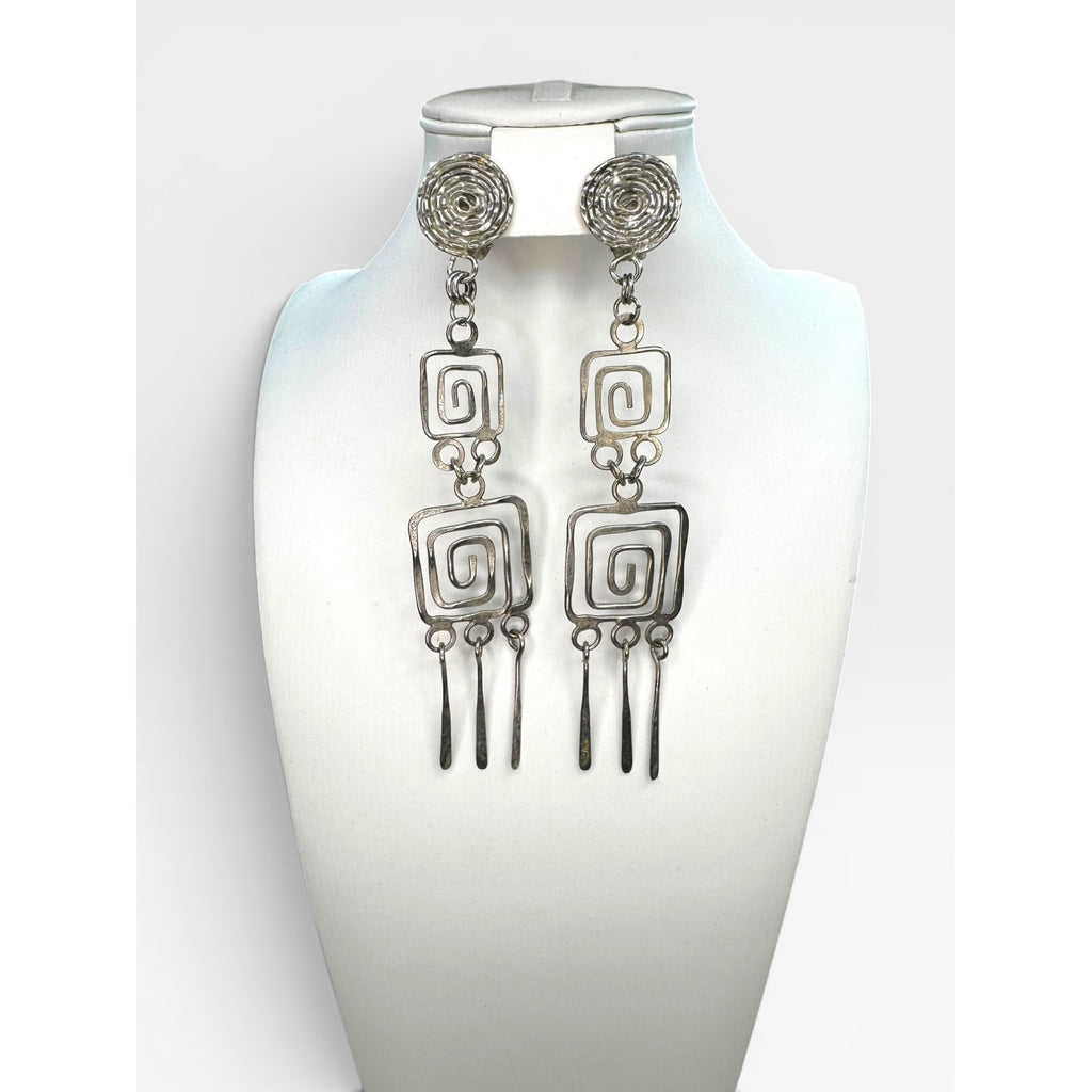 Geometric Spiral Dangle Clip On Earrings Silver Tone Modernist Unsigned Vintage