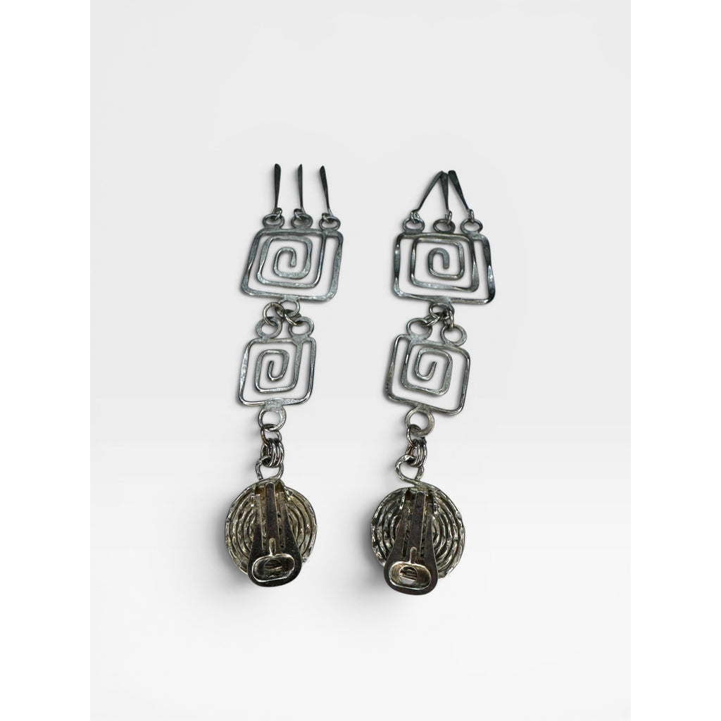 Geometric Spiral Dangle Clip On Earrings Silver Tone Modernist Unsigned Vintage