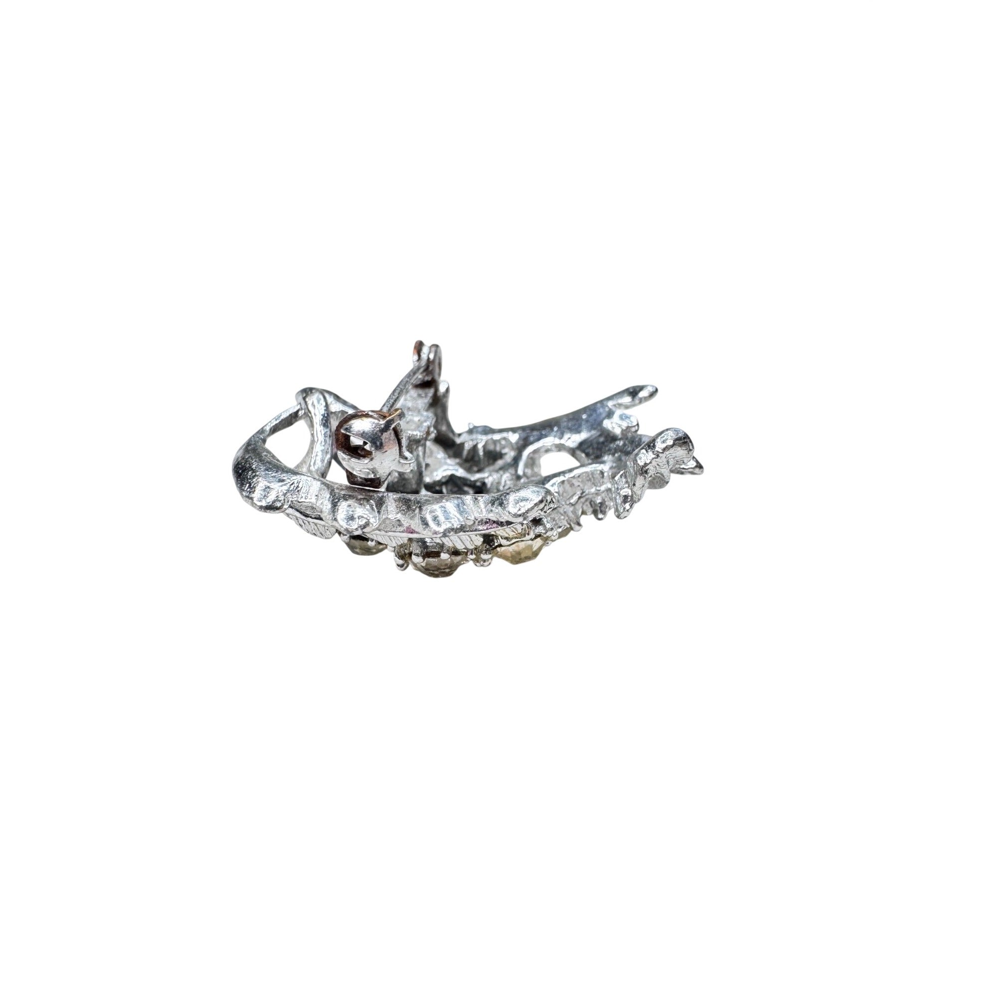 Unsigned Crystal Leaf Brooch Silver Tone Pot Metal 1940s Vintage