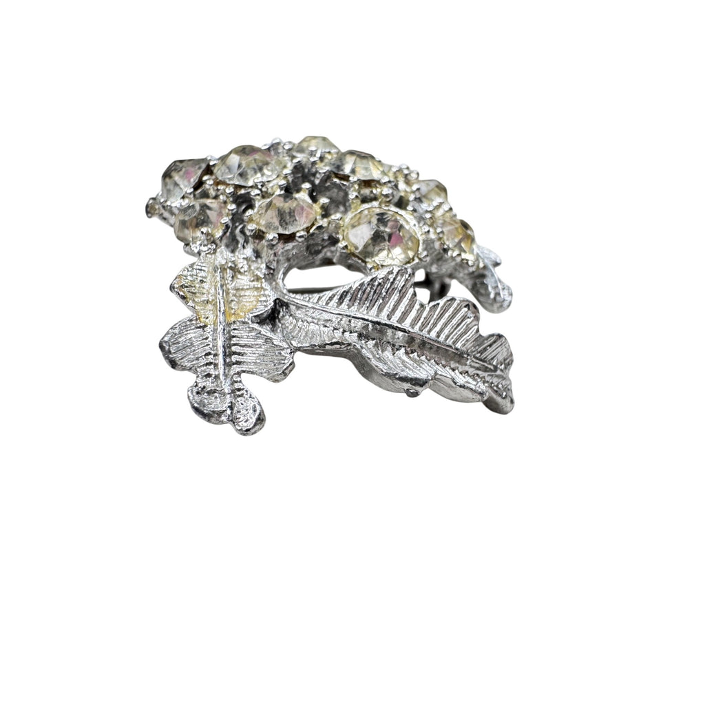 Unsigned Crystal Leaf Brooch Silver Tone Pot Metal 1940s Vintage