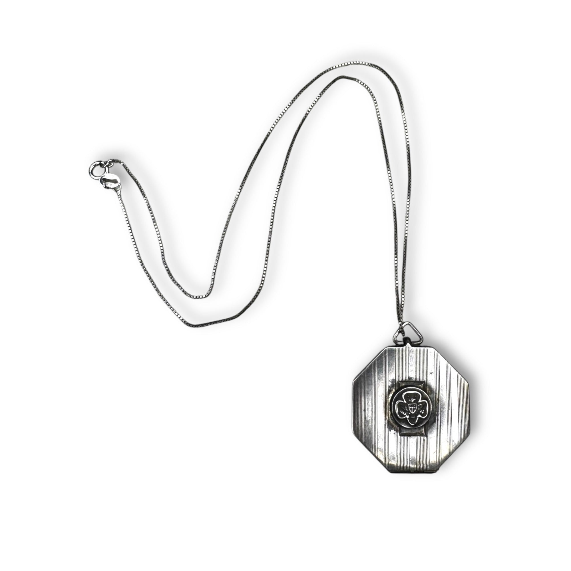 Vintage Art Deco Sterling Silver Octagon Photo Locket Patriotic Eagle 18" Chain