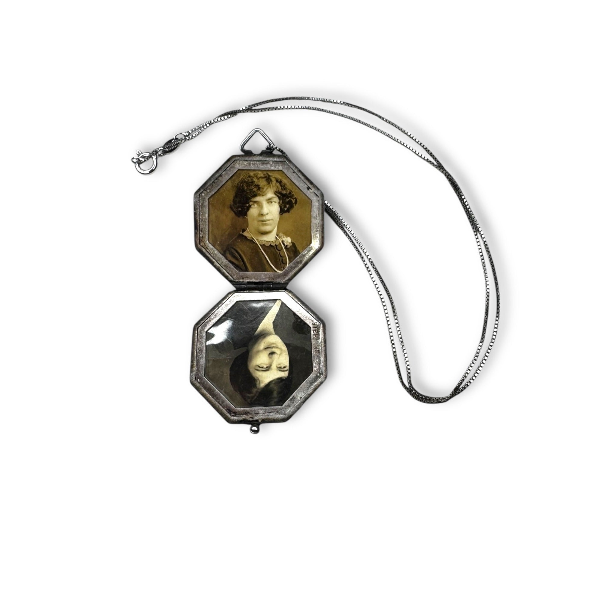 Vintage Art Deco Sterling Silver Octagon Photo Locket Patriotic Eagle 18" Chain