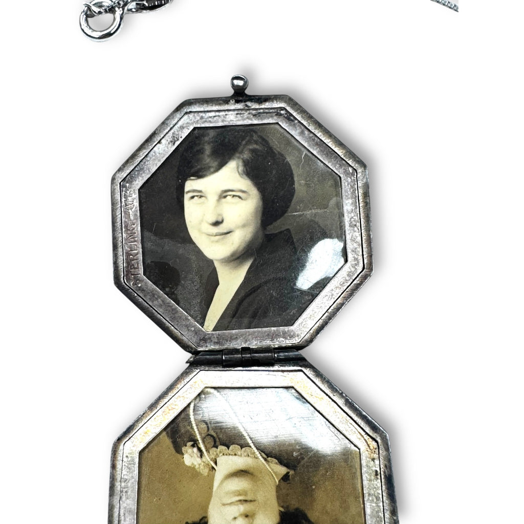 Vintage Art Deco Sterling Silver Octagon Photo Locket Patriotic Eagle 18" Chain