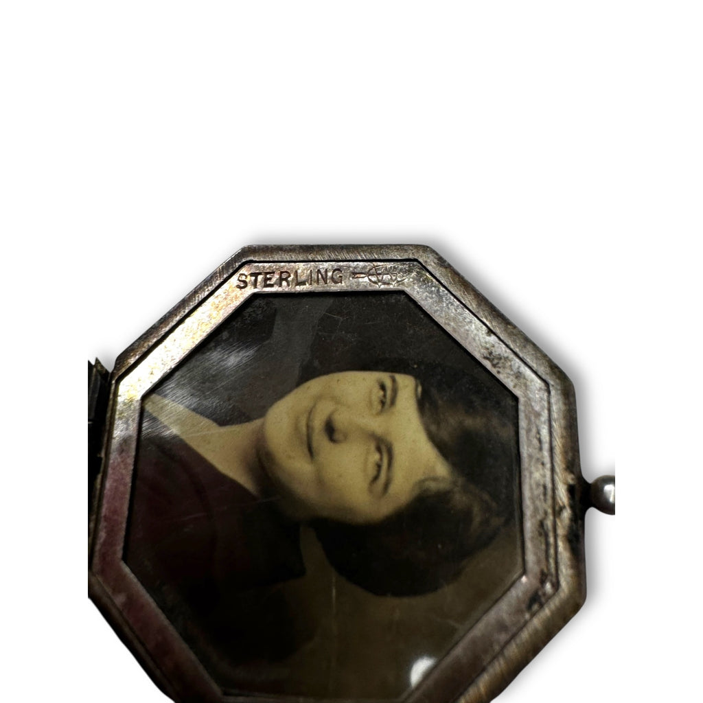 Vintage Art Deco Sterling Silver Octagon Photo Locket Patriotic Eagle 18" Chain