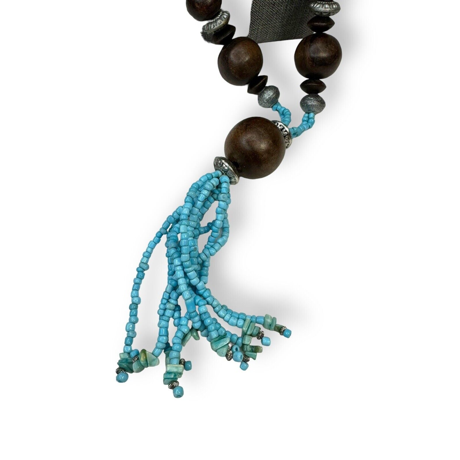 Long Beaded Tassel Necklace Blue Glass Seed Beads Brown Wood Beads 30"