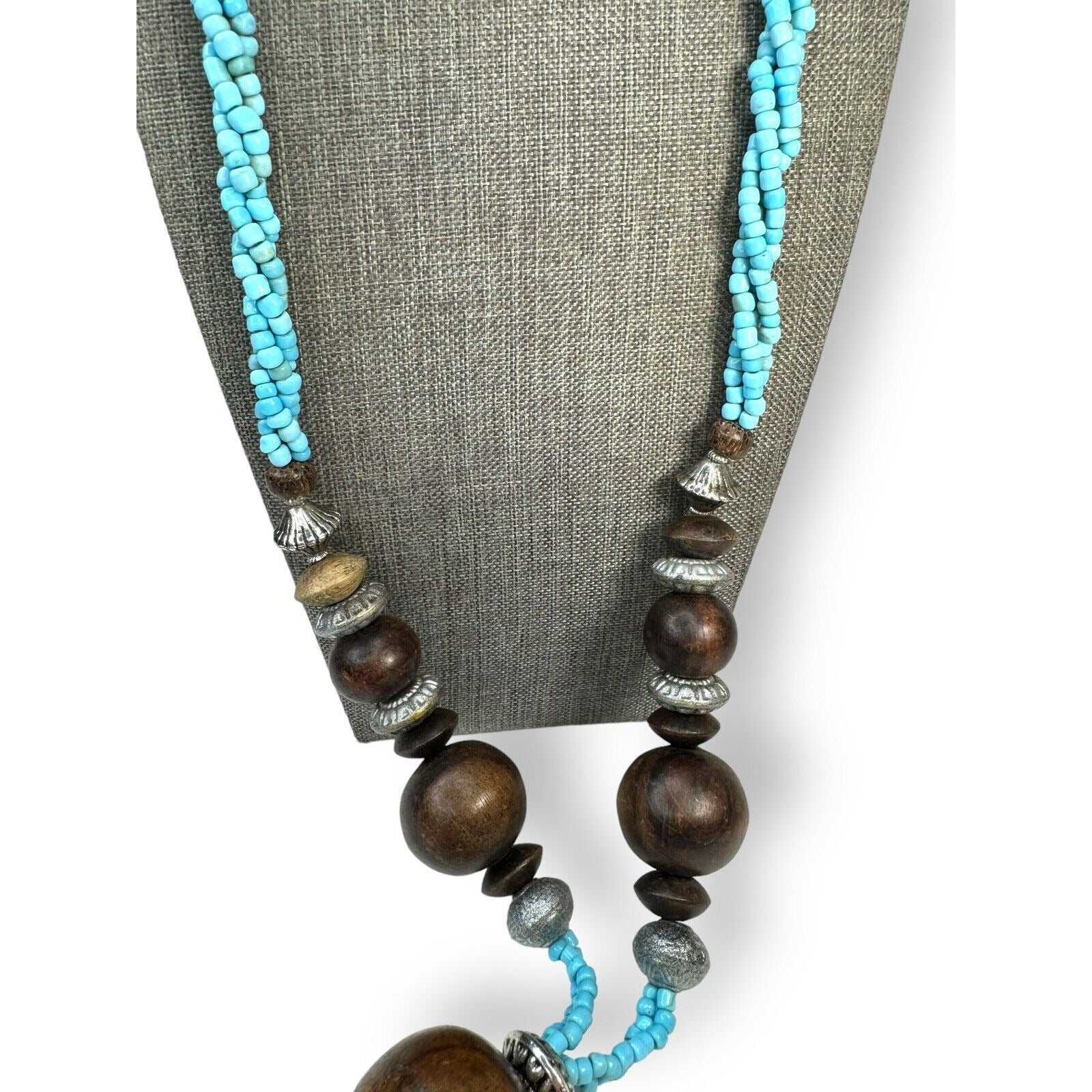 Long Beaded Tassel Necklace Blue Glass Seed Beads Brown Wood Beads 30"