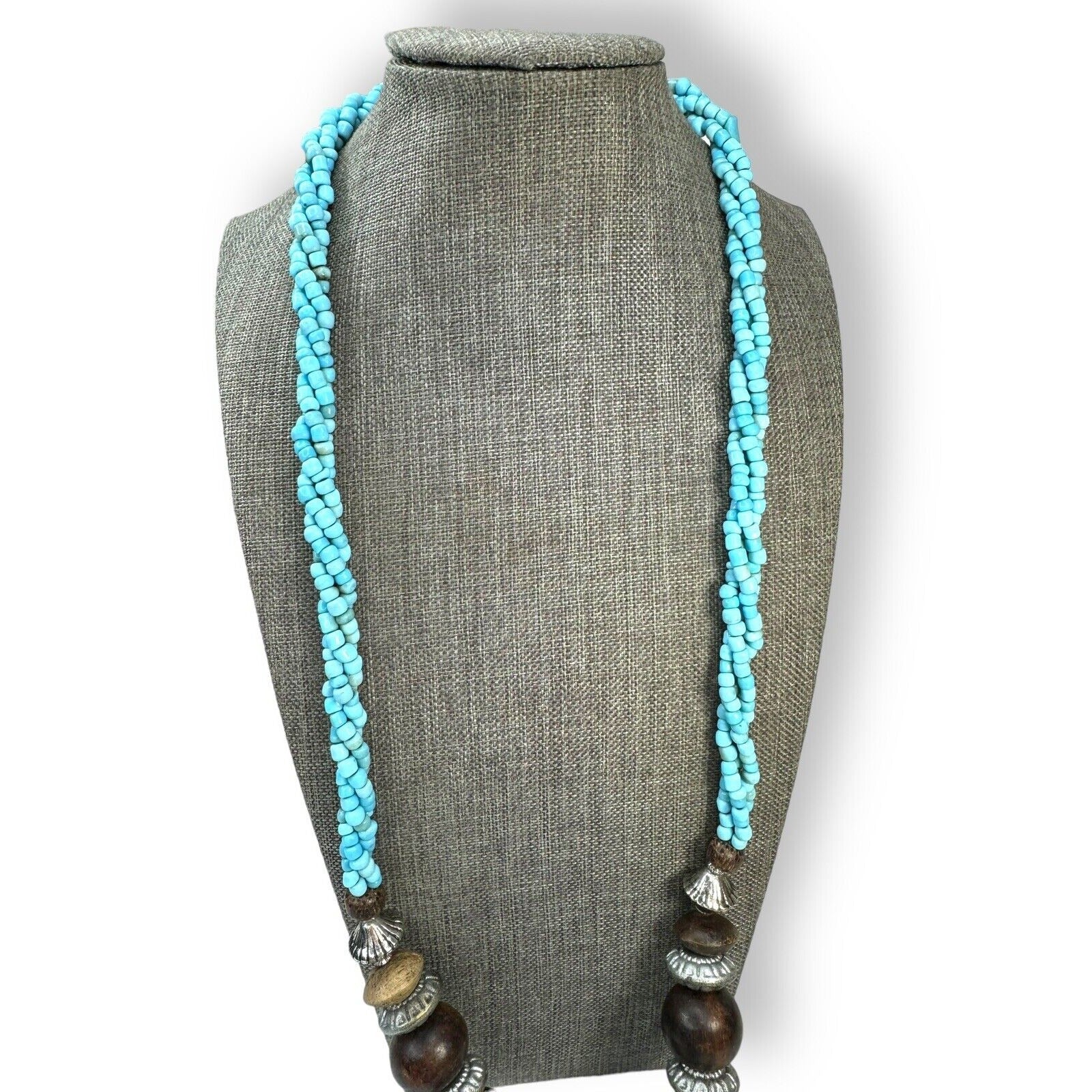 Long Beaded Tassel Necklace Blue Glass Seed Beads Brown Wood Beads 30"