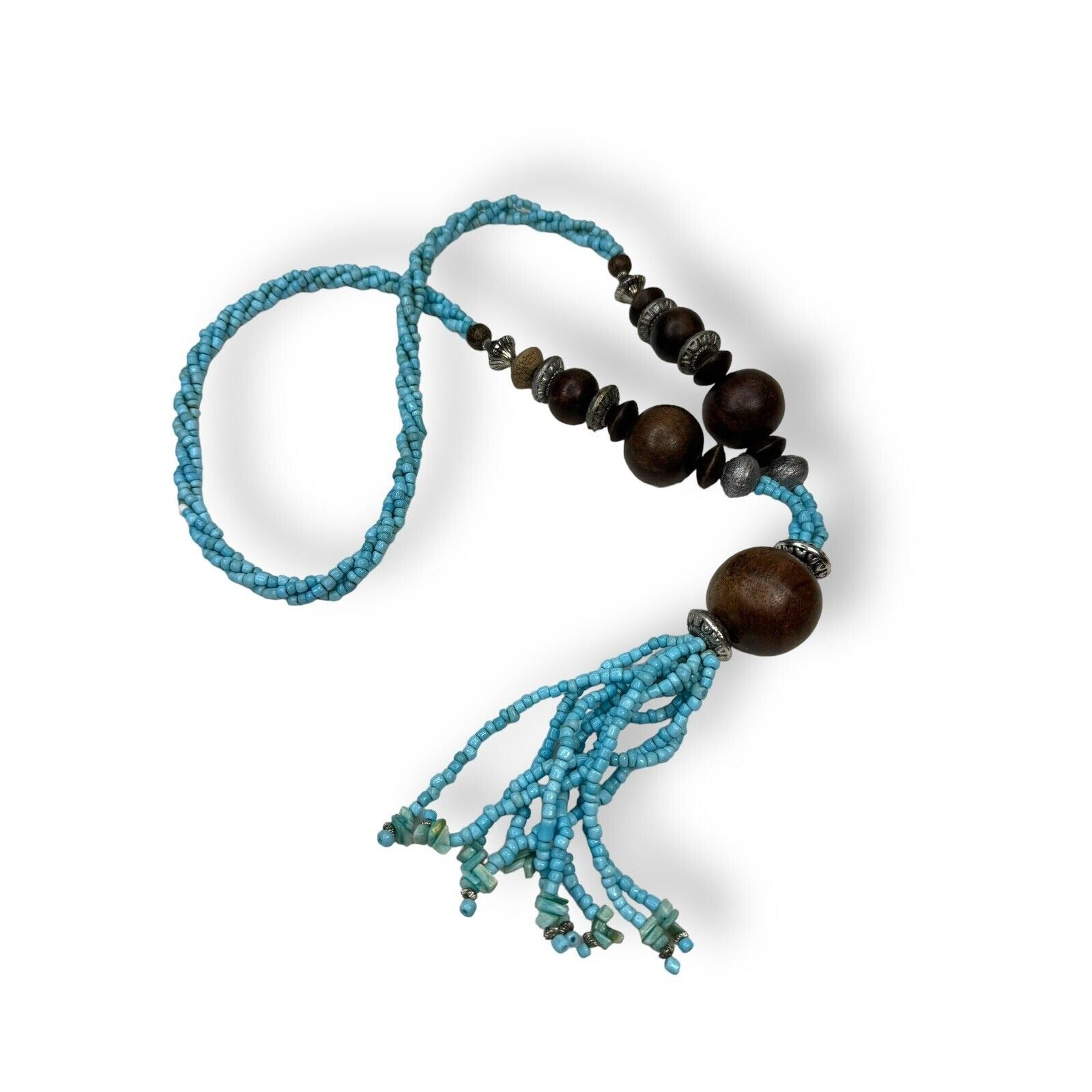 Long Beaded Tassel Necklace Blue Glass Seed Beads Brown Wood Beads 30"