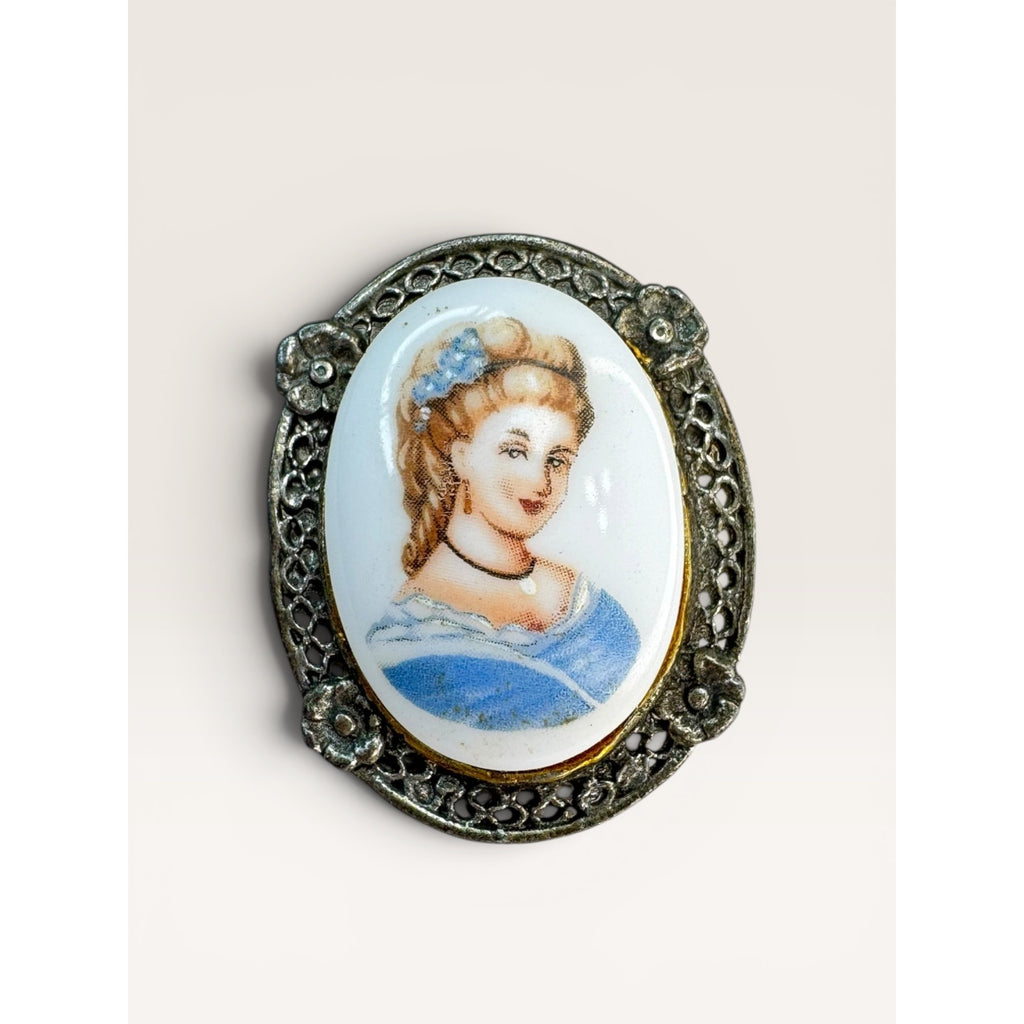 Oval Portrait Brooch Pin Silver Tone Filigree Frame Painted Cabochon Mid Century