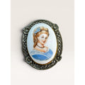 Oval Portrait Brooch Pin Silver Tone Filigree Frame Painted Cabochon Mid Century