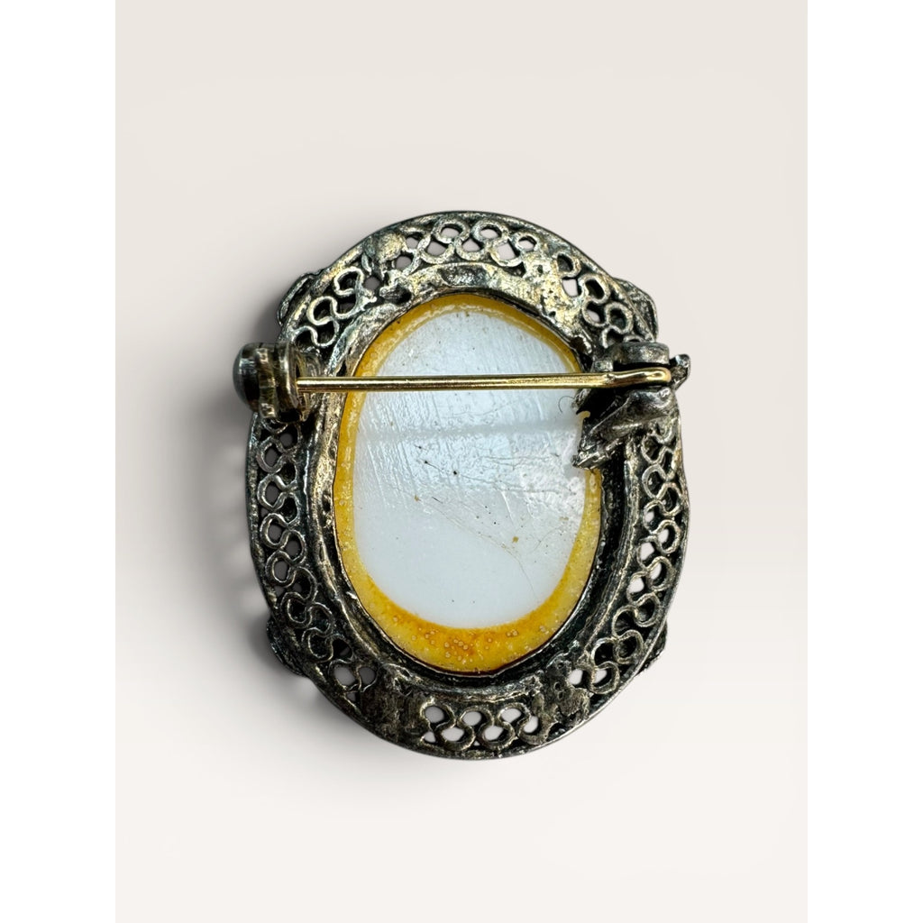 Oval Portrait Brooch Pin Silver Tone Filigree Frame Painted Cabochon Mid Century