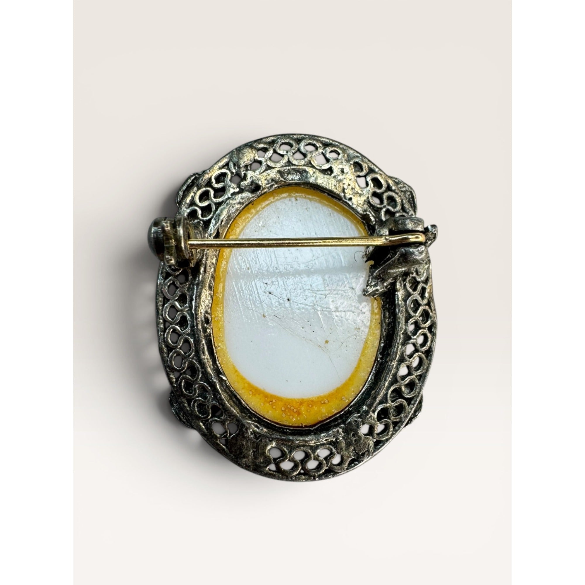 Oval Portrait Brooch Pin Silver Tone Filigree Frame Painted Cabochon Mid Century