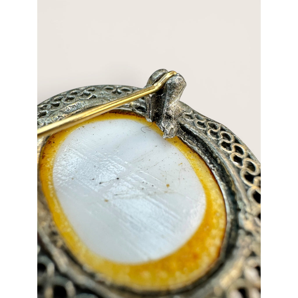 Oval Portrait Brooch Pin Silver Tone Filigree Frame Painted Cabochon Mid Century