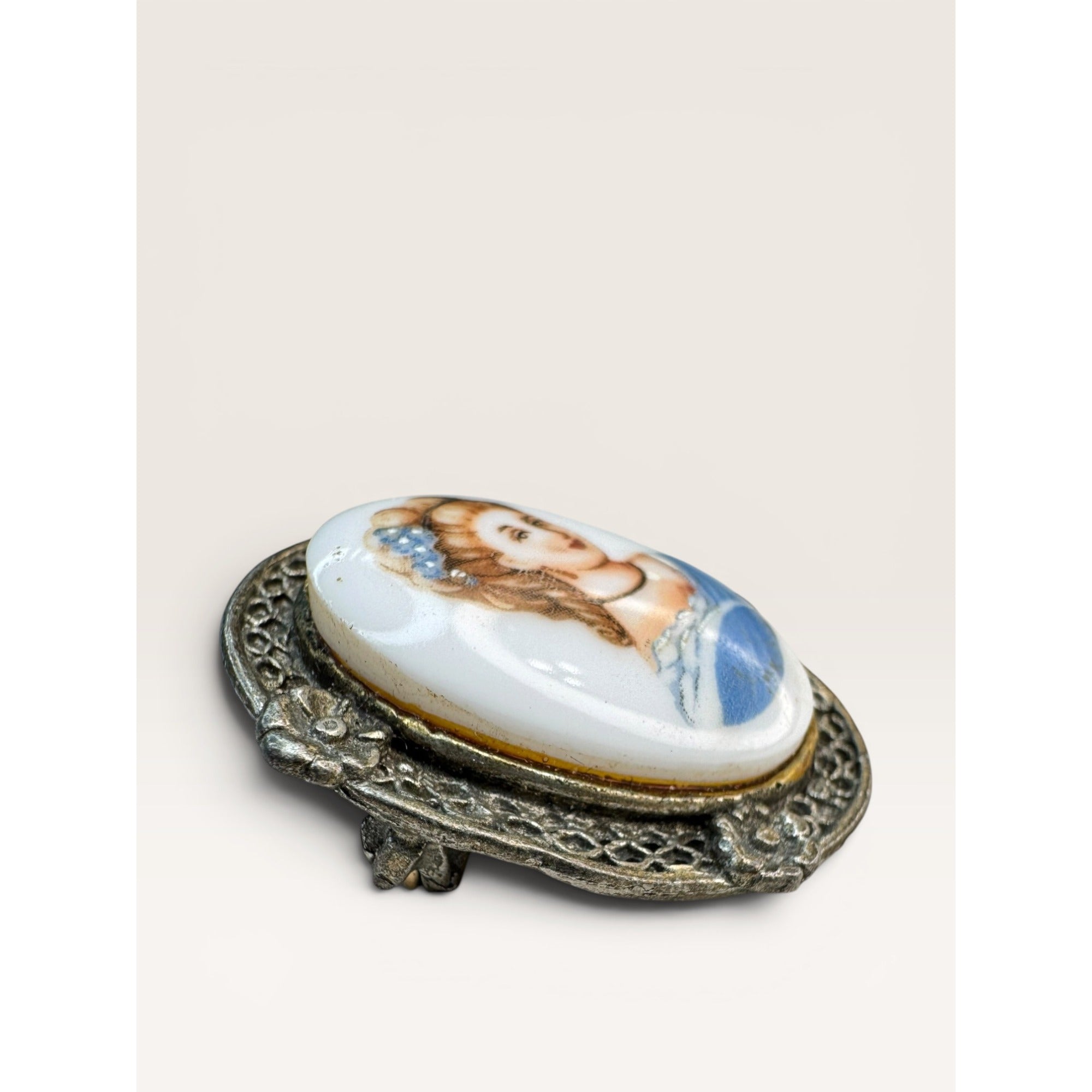 Oval Portrait Brooch Pin Silver Tone Filigree Frame Painted Cabochon Mid Century