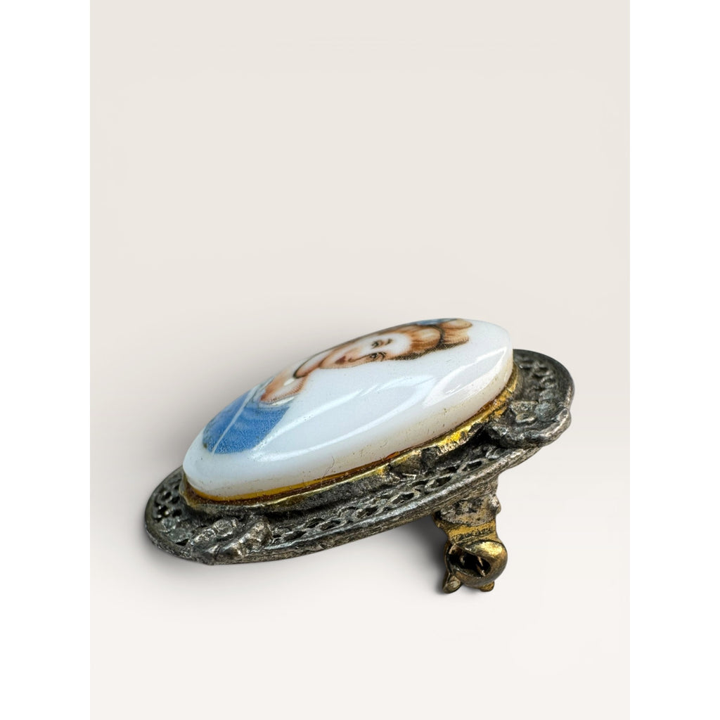Oval Portrait Brooch Pin Silver Tone Filigree Frame Painted Cabochon Mid Century