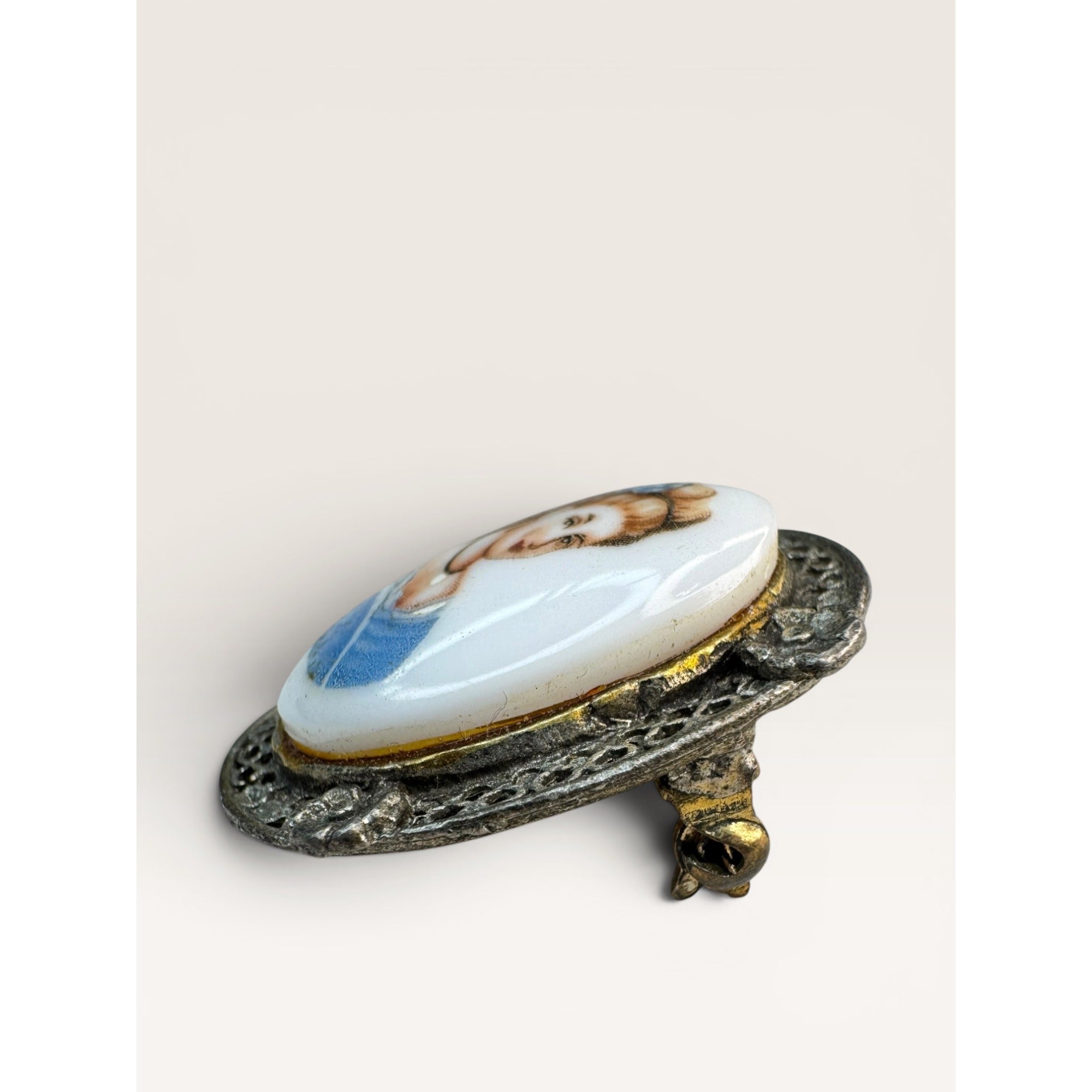 Oval Portrait Brooch Pin Silver Tone Filigree Frame Painted Cabochon Mid Century