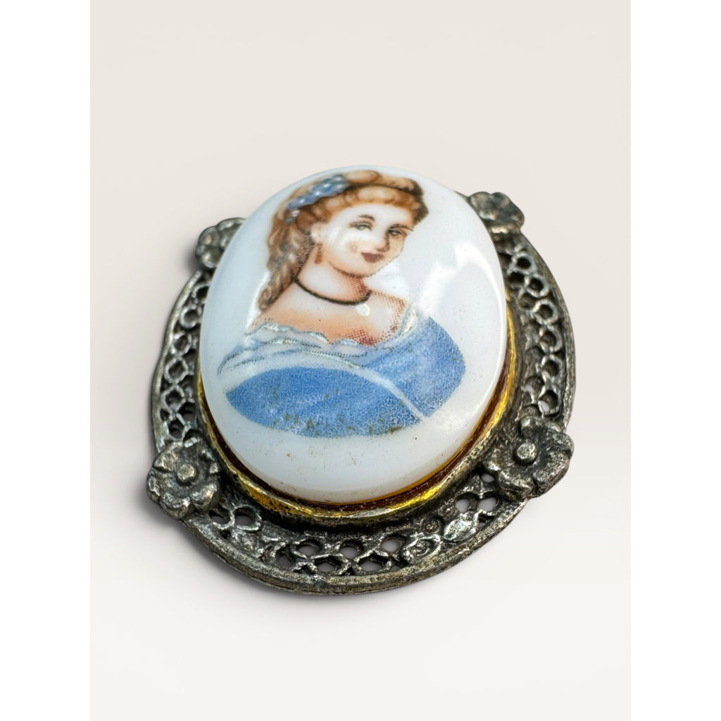 Oval Portrait Brooch Pin Silver Tone Filigree Frame Painted Cabochon Mid Century