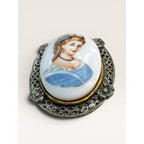 Oval Portrait Brooch Pin Silver Tone Filigree Frame Painted Cabochon Mid Century