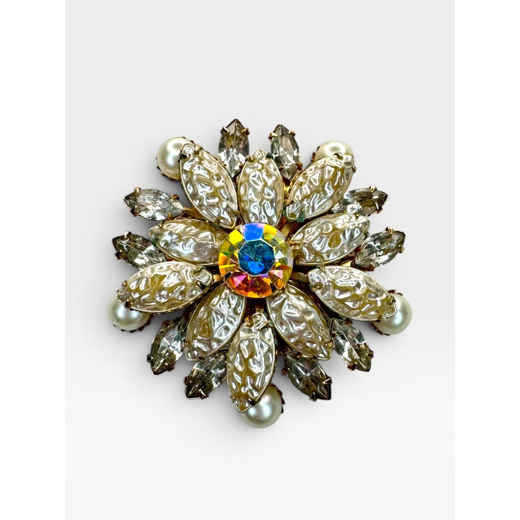 Floral Brooch AB Crystal Faux Pearl Acrylic Gold Tone Pin Vintage