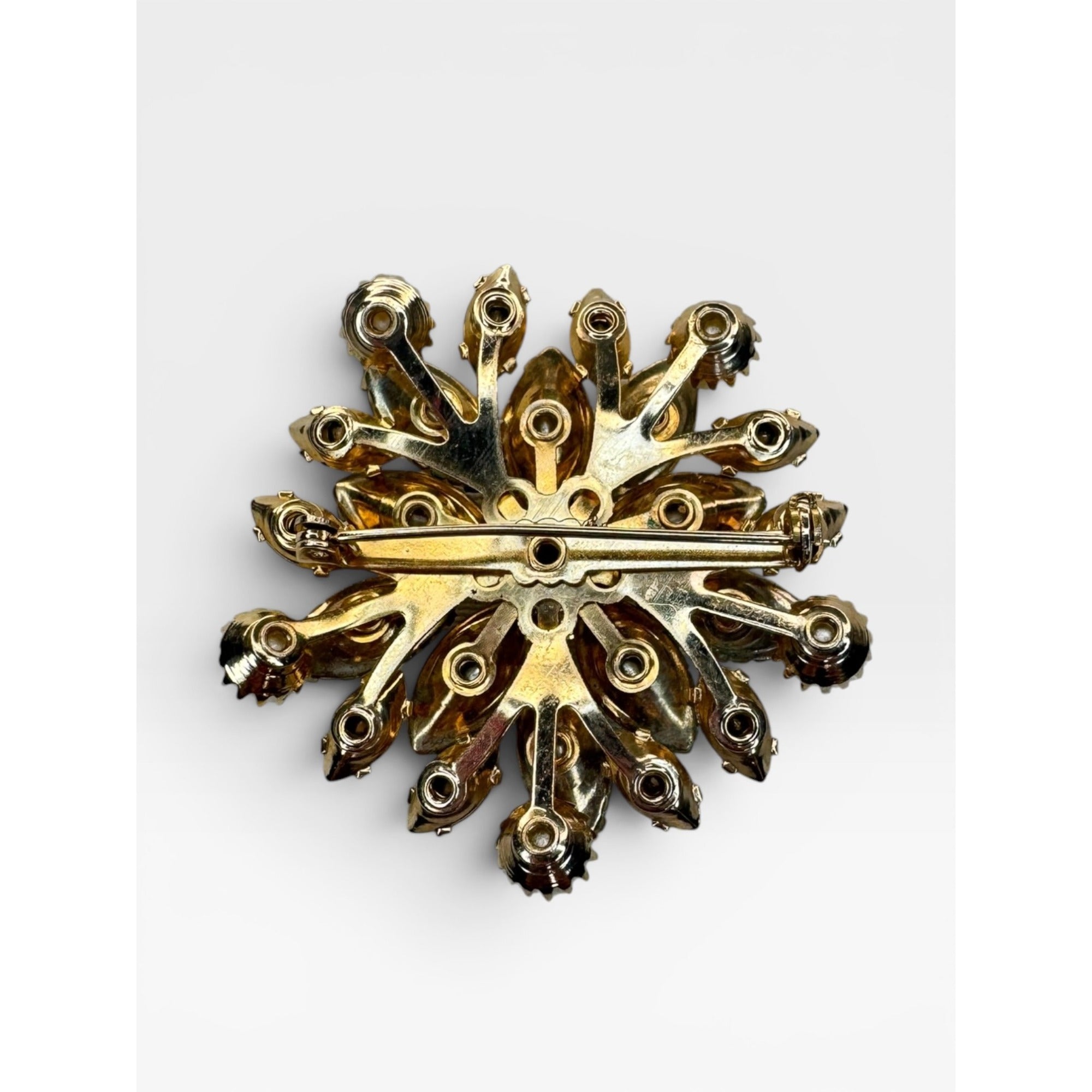 Floral Brooch AB Crystal Faux Pearl Acrylic Gold Tone Pin Vintage