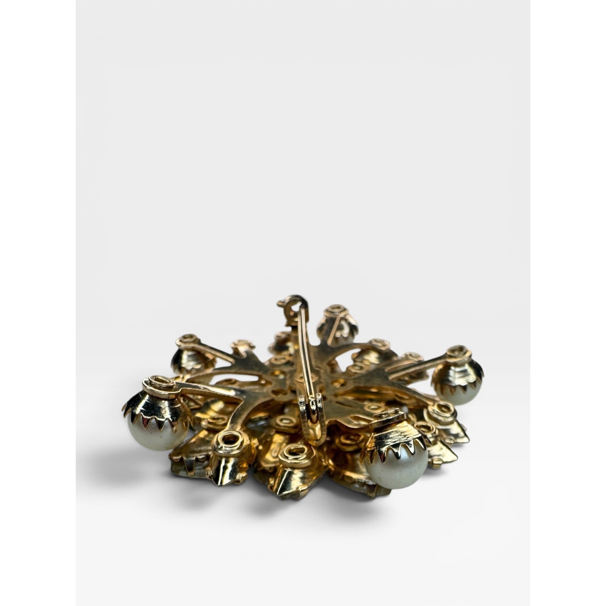 Floral Brooch AB Crystal Faux Pearl Acrylic Gold Tone Pin Vintage