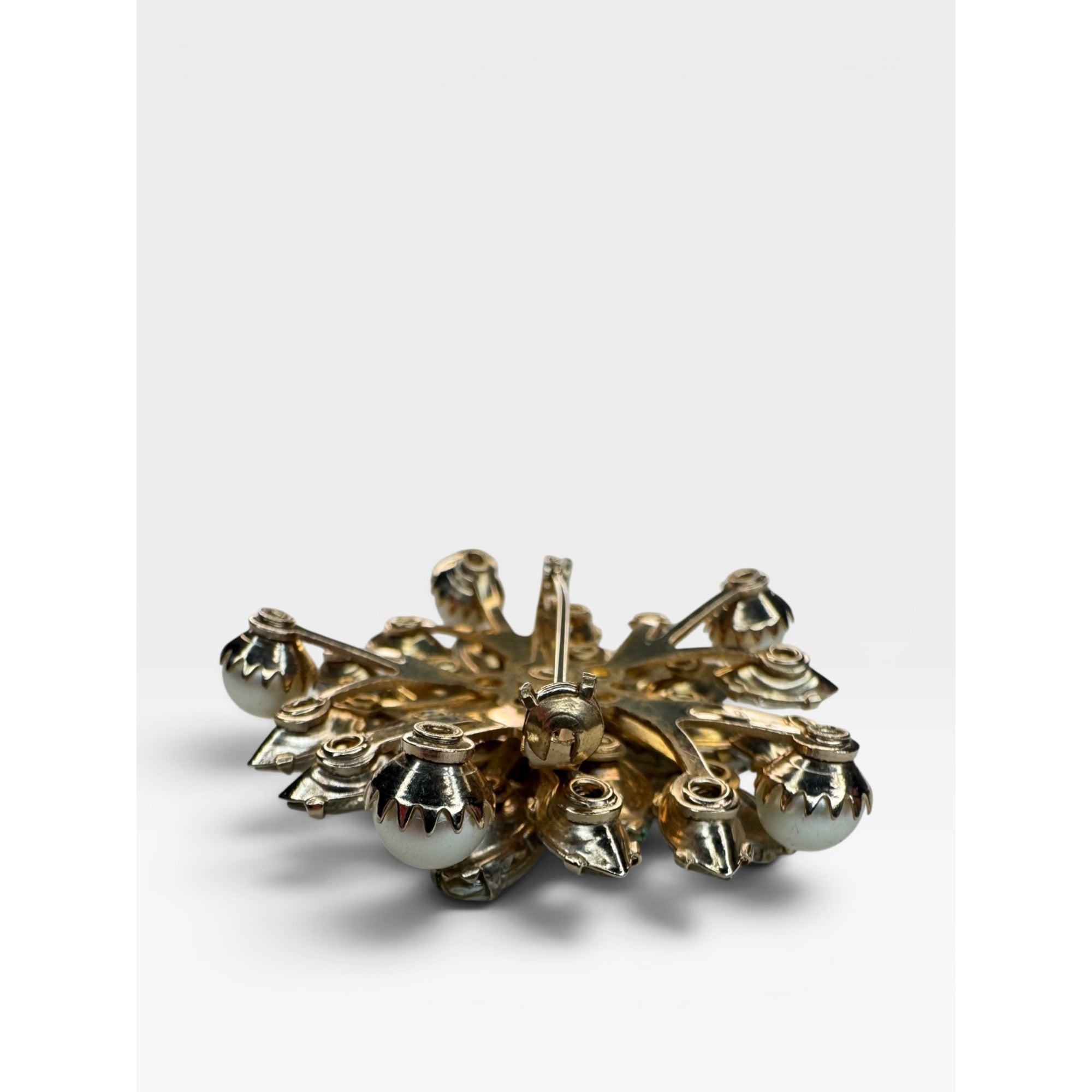 Floral Brooch AB Crystal Faux Pearl Acrylic Gold Tone Pin Vintage