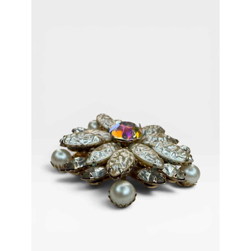 Floral Brooch AB Crystal Faux Pearl Acrylic Gold Tone Pin Vintage