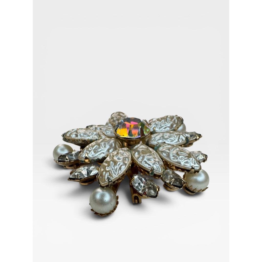Floral Brooch AB Crystal Faux Pearl Acrylic Gold Tone Pin Vintage