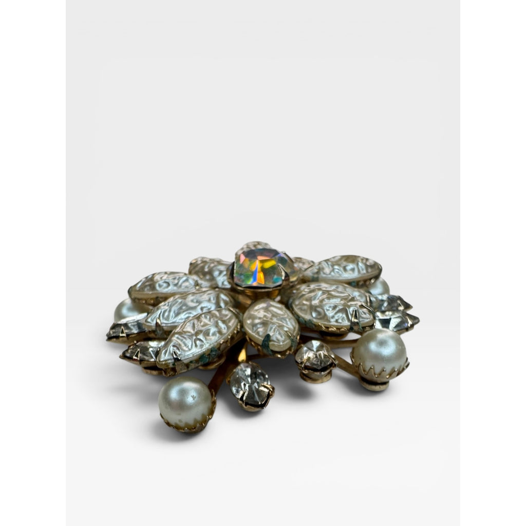 Floral Brooch AB Crystal Faux Pearl Acrylic Gold Tone Pin Vintage