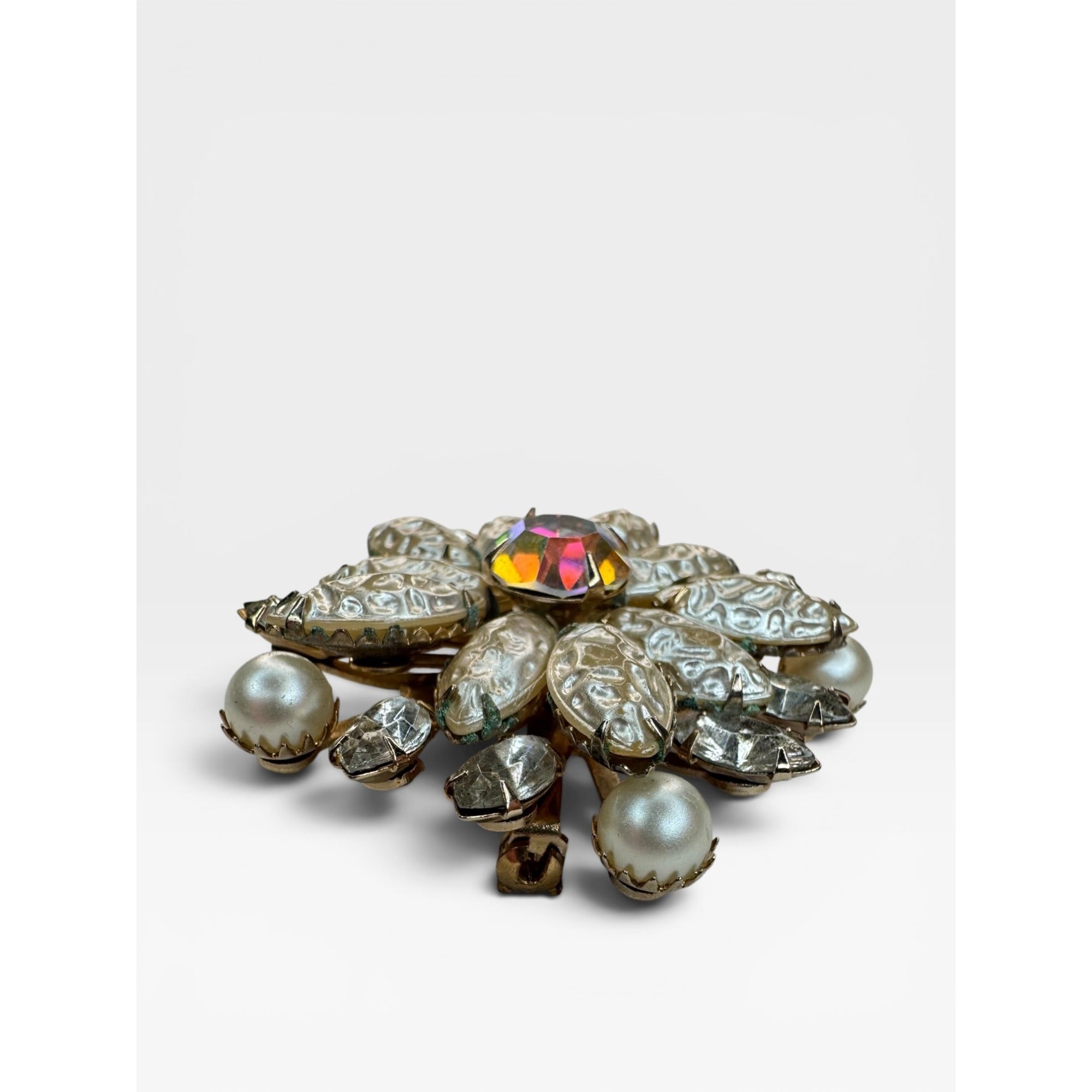 Floral Brooch AB Crystal Faux Pearl Acrylic Gold Tone Pin Vintage