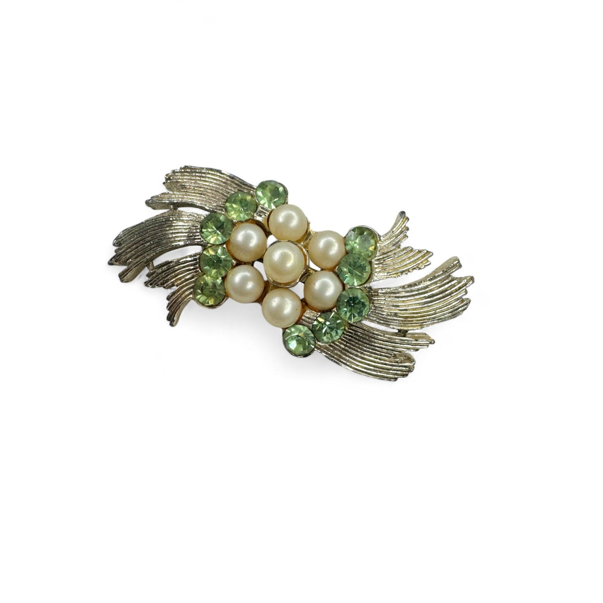BSK Green Rhinestone Faux Pearls Brooch Clip On Earrings Vintage Set