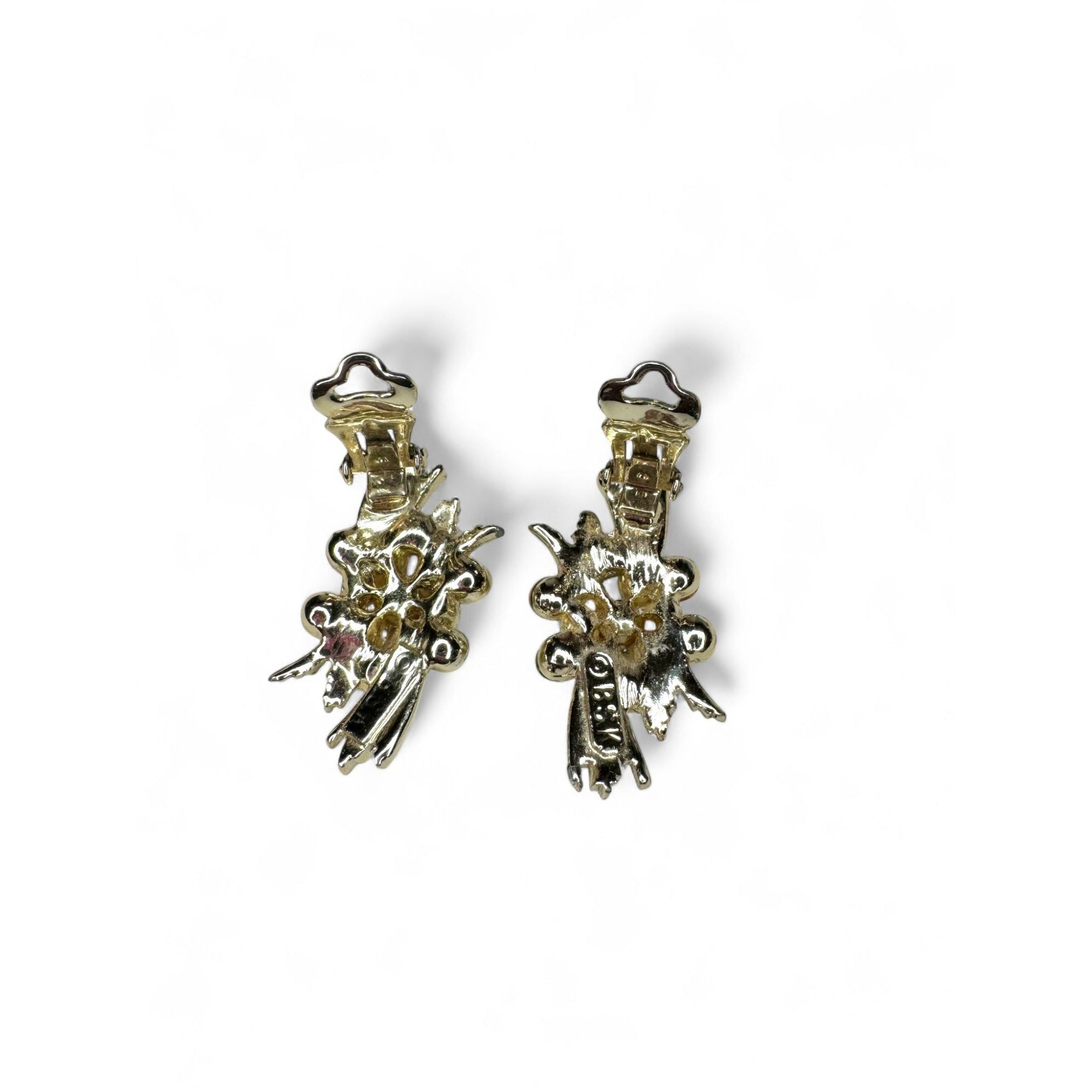 BSK Green Rhinestone Faux Pearls Brooch Clip On Earrings Vintage Set