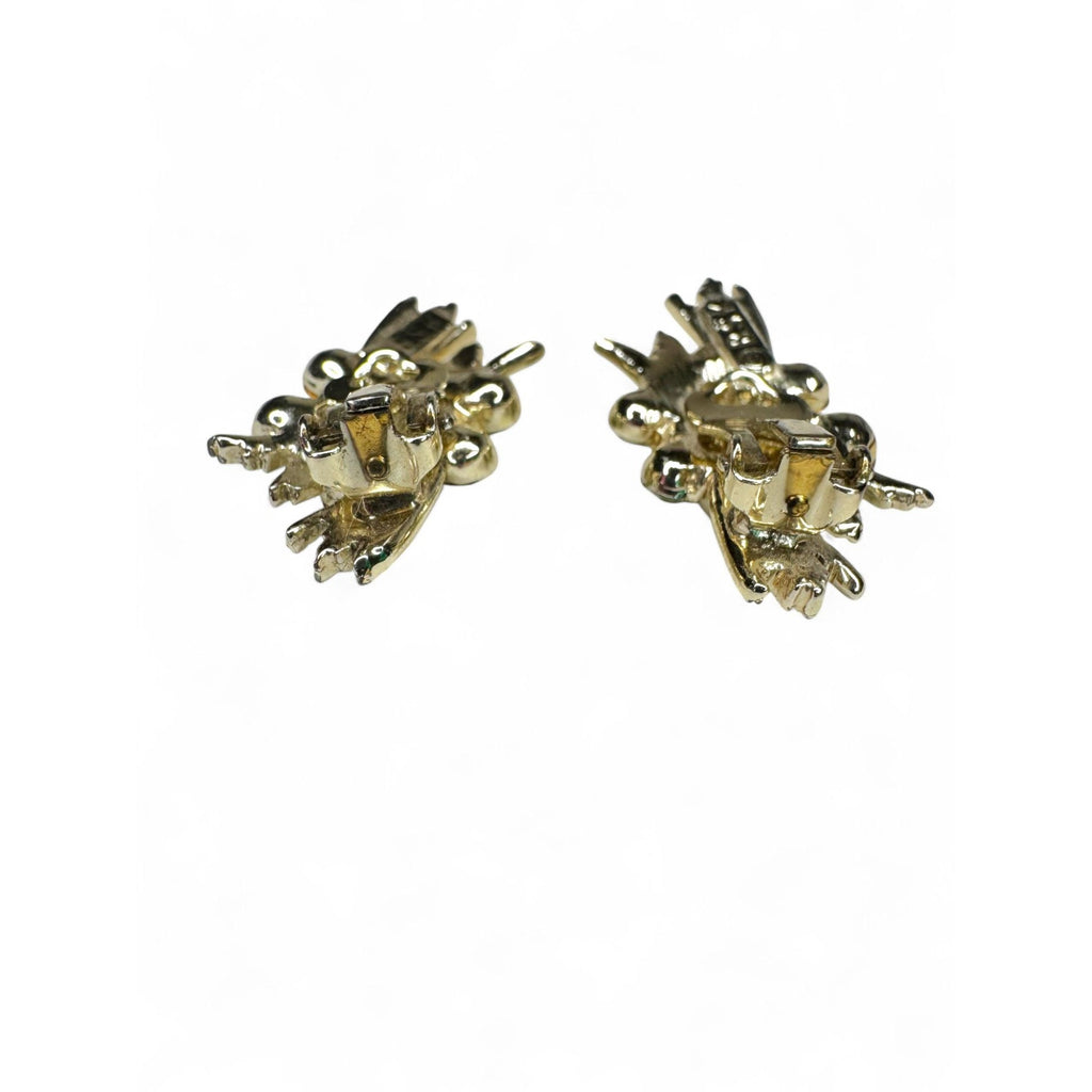 BSK Green Rhinestone Faux Pearls Brooch Clip On Earrings Vintage Set