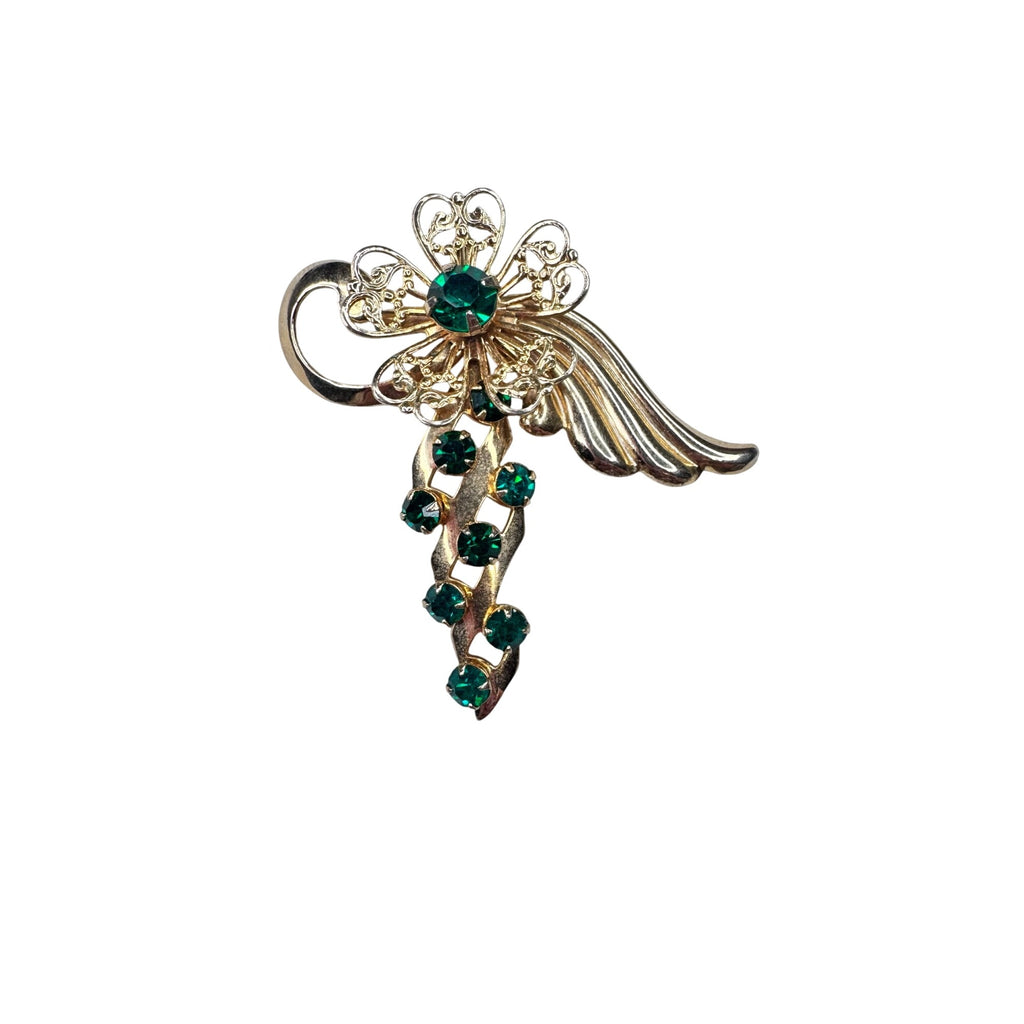 Unsigned Emerald Green Crystal Floral Spray Brooch Gold Tone 1950s Vintage