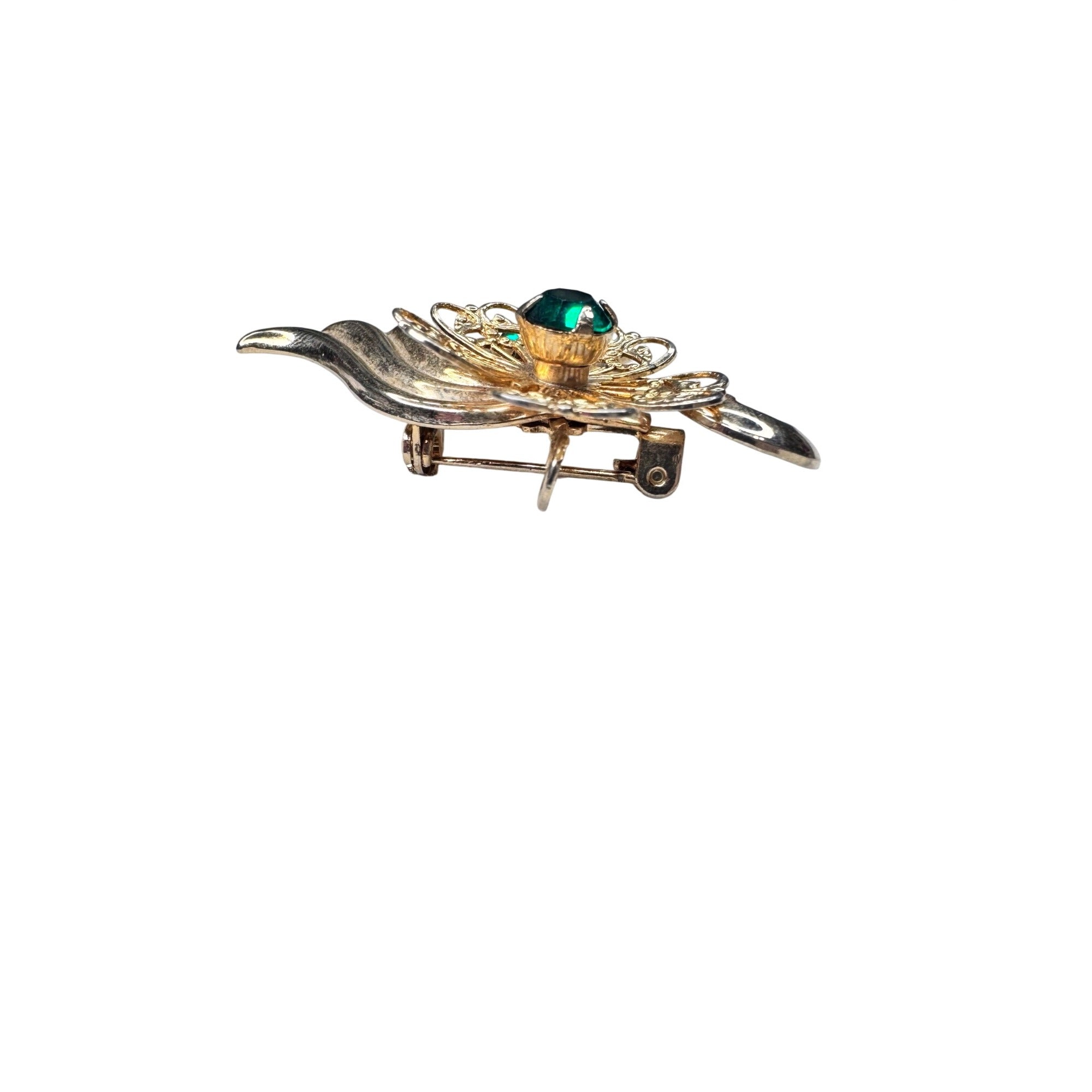 Unsigned Emerald Green Crystal Floral Spray Brooch Gold Tone 1950s Vintage