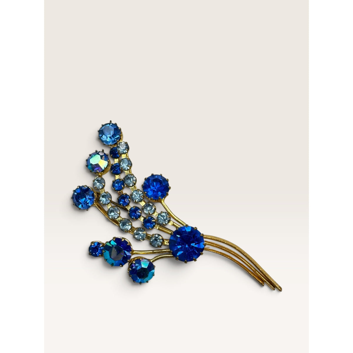 European Cobalt Blue AB Rhinestone Spray Trombone Clasp Brooch 2.91"