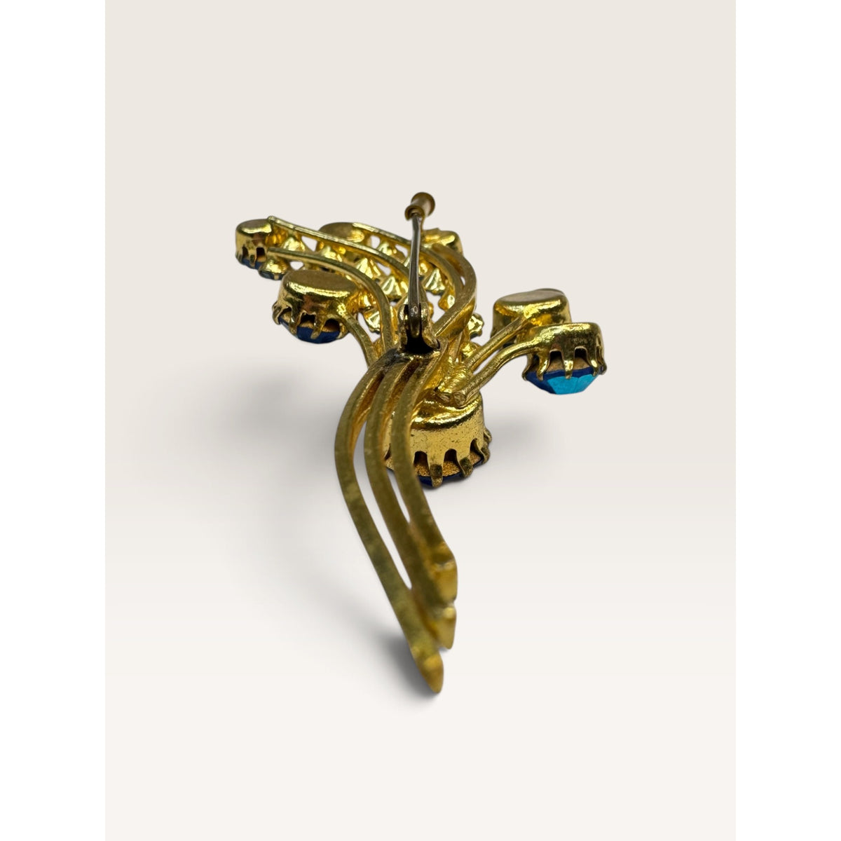 European Cobalt Blue AB Rhinestone Spray Trombone Clasp Brooch 2.91"