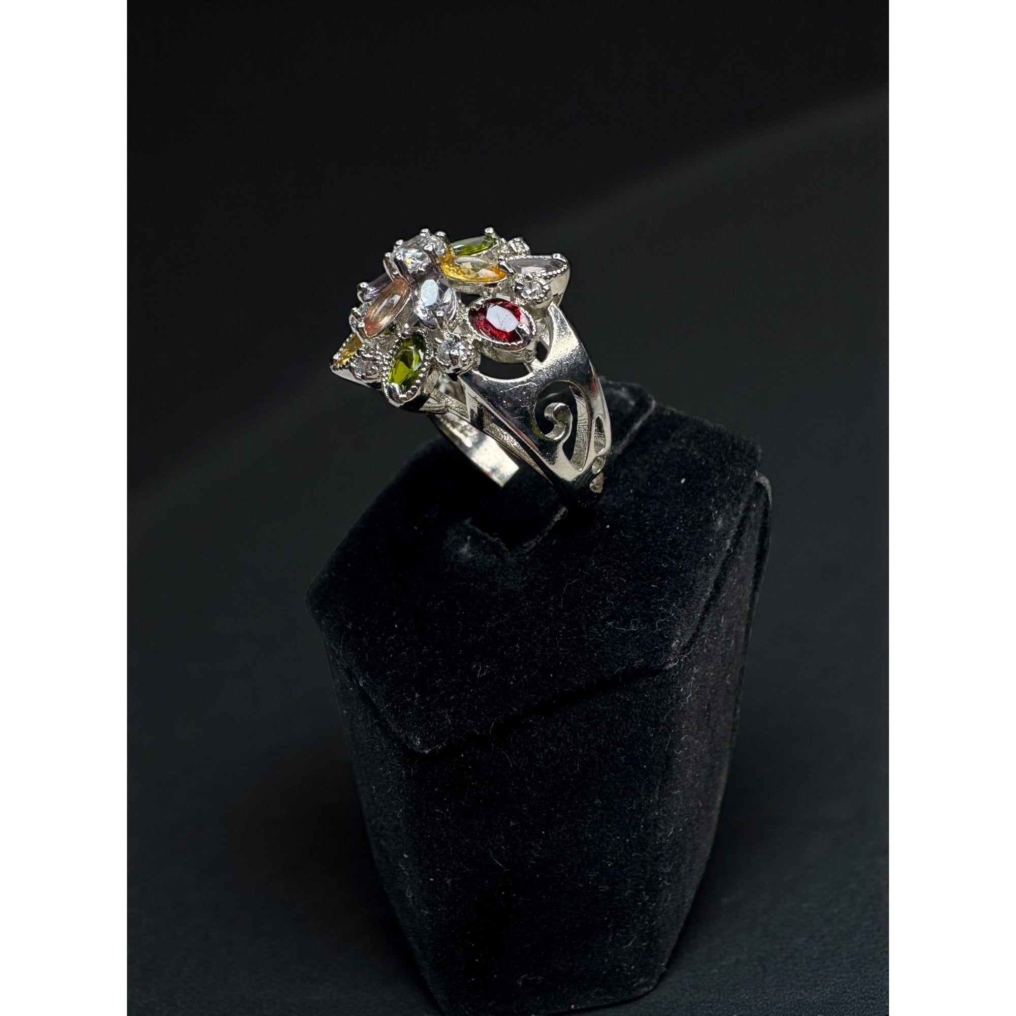 Silver Tone Multicolor Crystal Floral Cluster Statement Ring Size 7.75