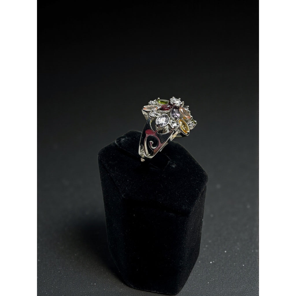 Silver Tone Multicolor Crystal Floral Cluster Statement Ring Size 7.75
