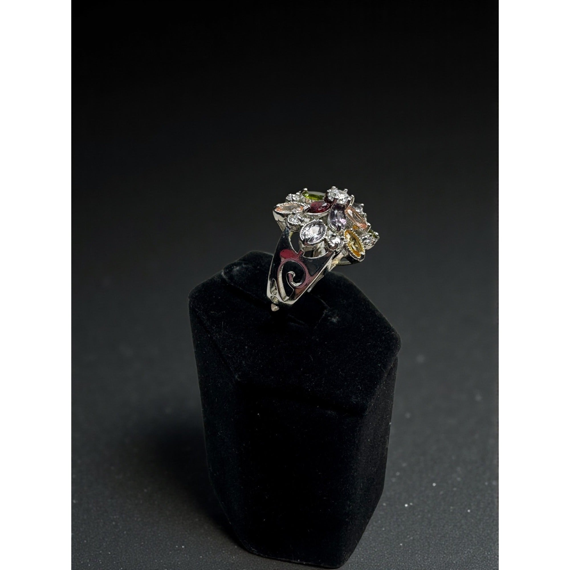 Silver Tone Multicolor Crystal Floral Cluster Statement Ring Size 7.75