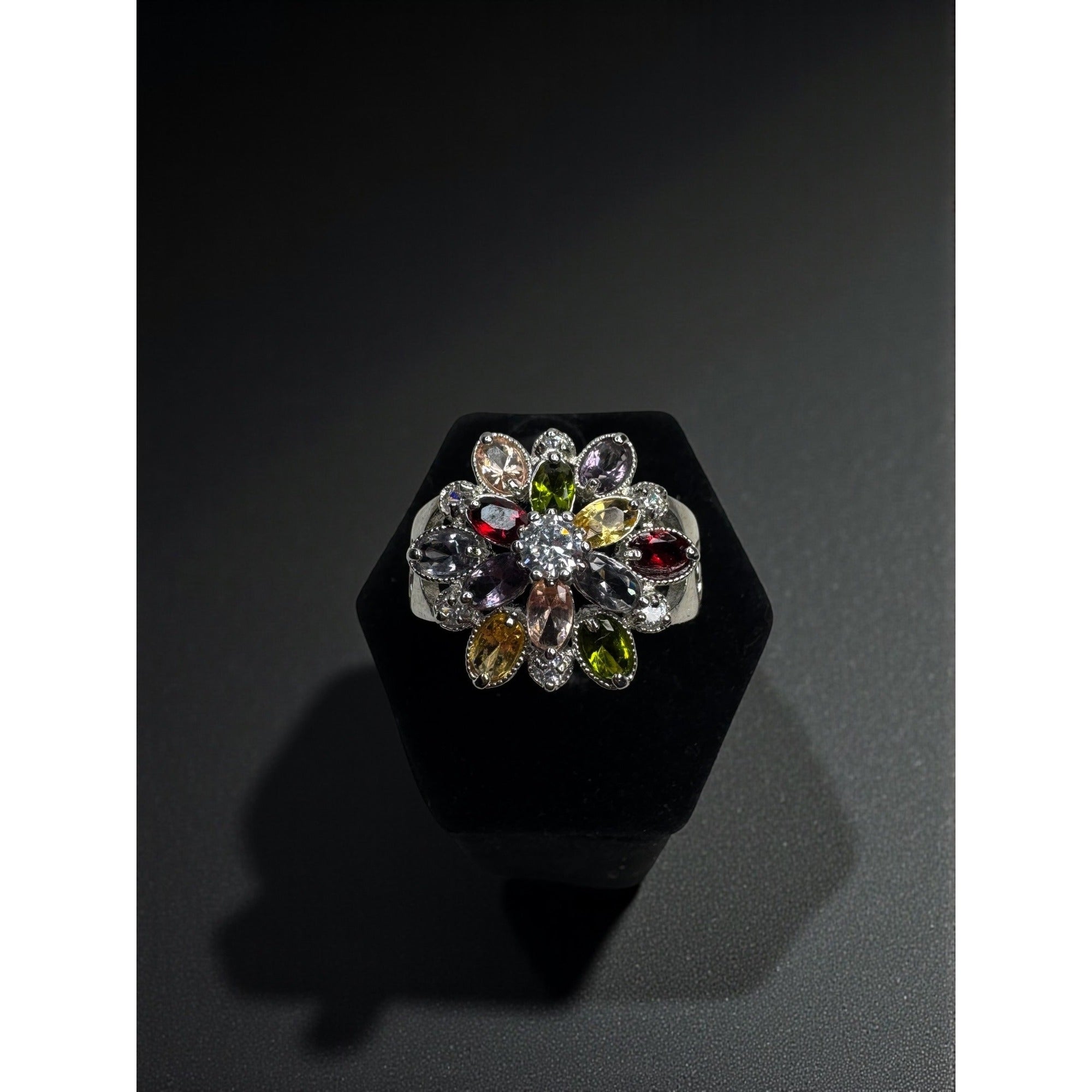 Silver Tone Multicolor Crystal Floral Cluster Statement Ring Size 7.75