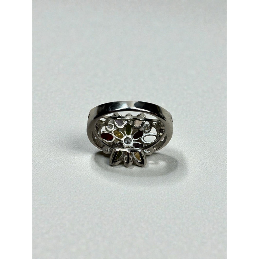 Silver Tone Multicolor Crystal Floral Cluster Statement Ring Size 7.75