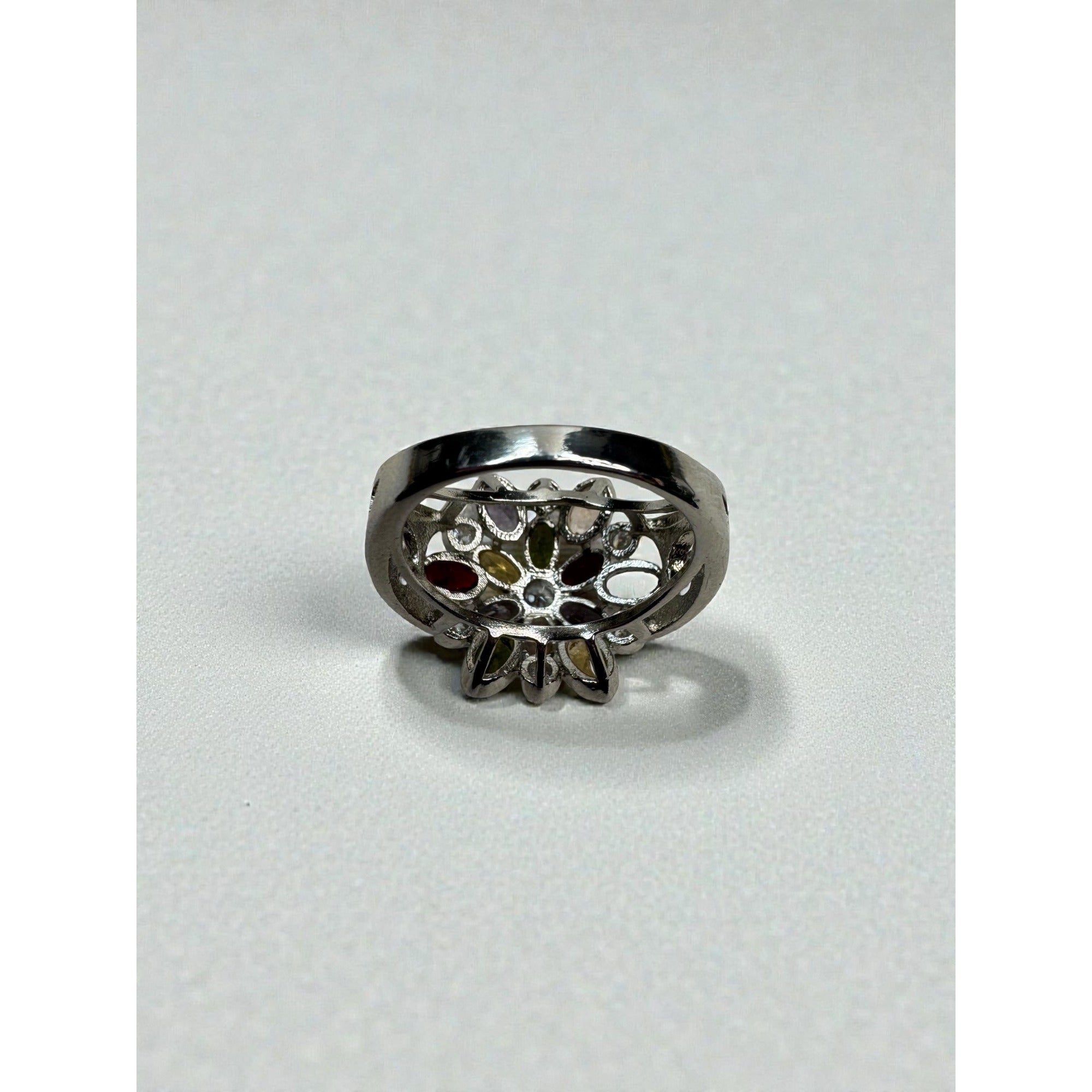 Silver Tone Multicolor Crystal Floral Cluster Statement Ring Size 7.75